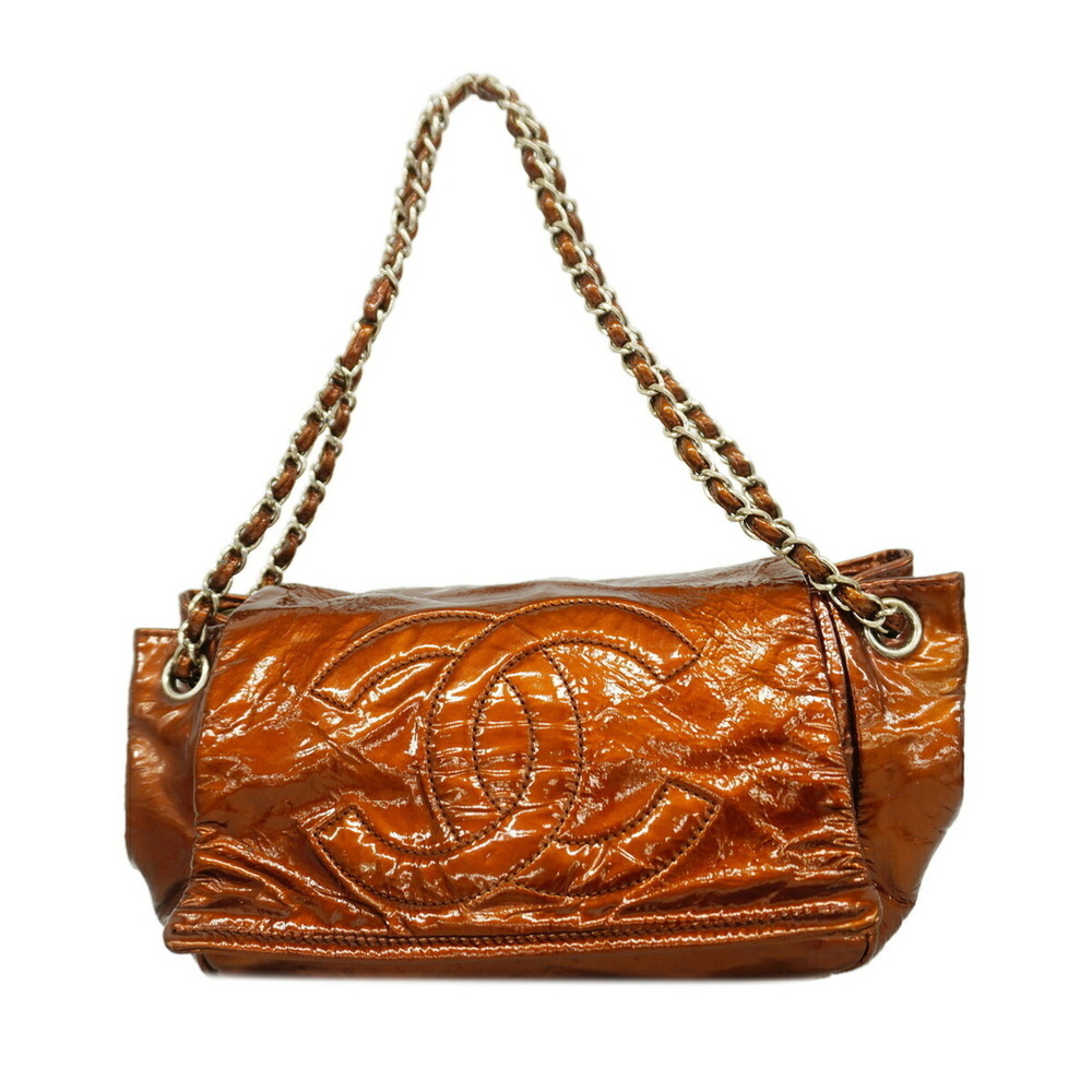 Chanel Shoulder Bag, Chain Shoulder, Patent Leather, Brown, Women's